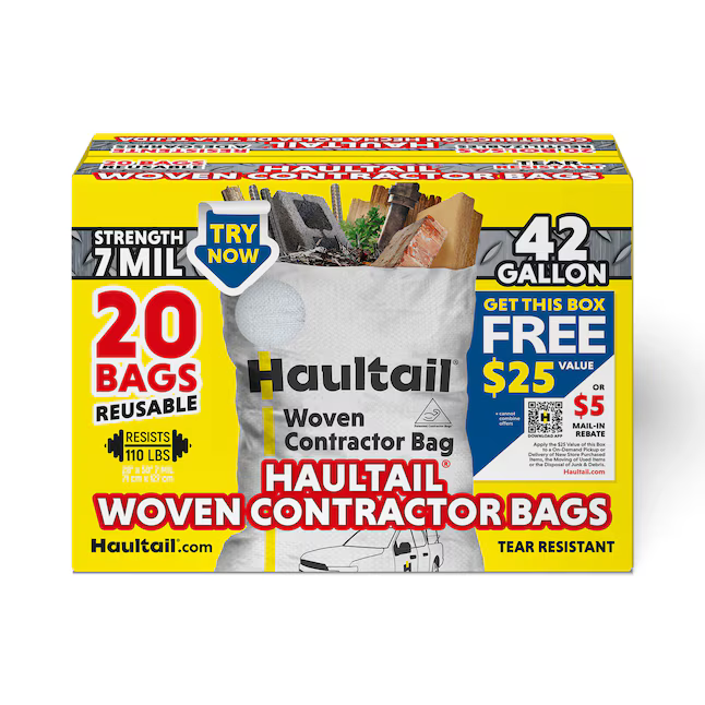 Haultail Woven Contractor Bags 42-Gallon Scent free Off-white Outdoor Polypropylene Construction Trash Bag 20-Count, HT42-20-SE *JR2510, Retail: $26.98, FINAL PRICE: $14.99 + TAX
