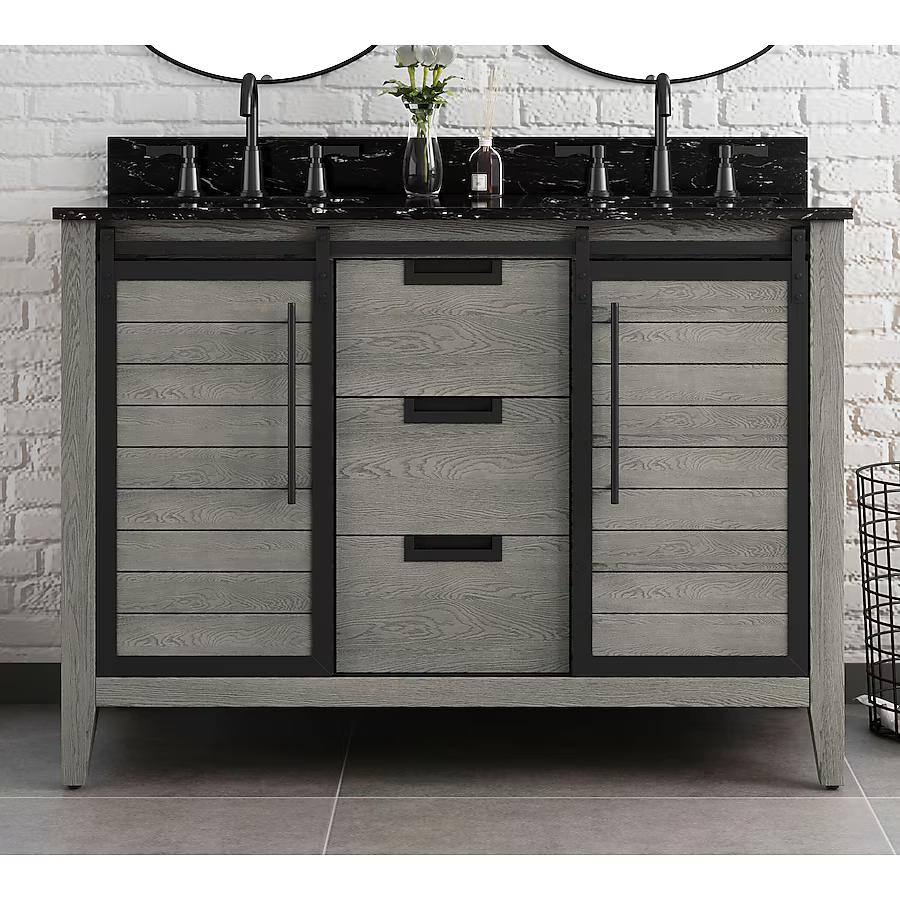 Alpine Reserve Haverhill 48-in Weathered Oak Undermount Double Sink Bathroom Vanity with Black Engineered Marble Top, TJ-0113V4822GR   5288051, Retail: $1,199.00, FINAL PRICE: $569.99 + TAX