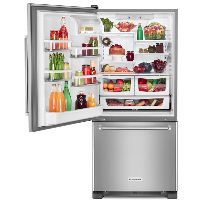 KitchenAid 18.67-cu ft Standard-Depth 30-in Bottom-Freezer Refrigerator no Ice Maker (Stainless Steel), KRBL109ESS *JR2512, Retail: $2,110.00, FINAL PRICE: $999.99 + TAX