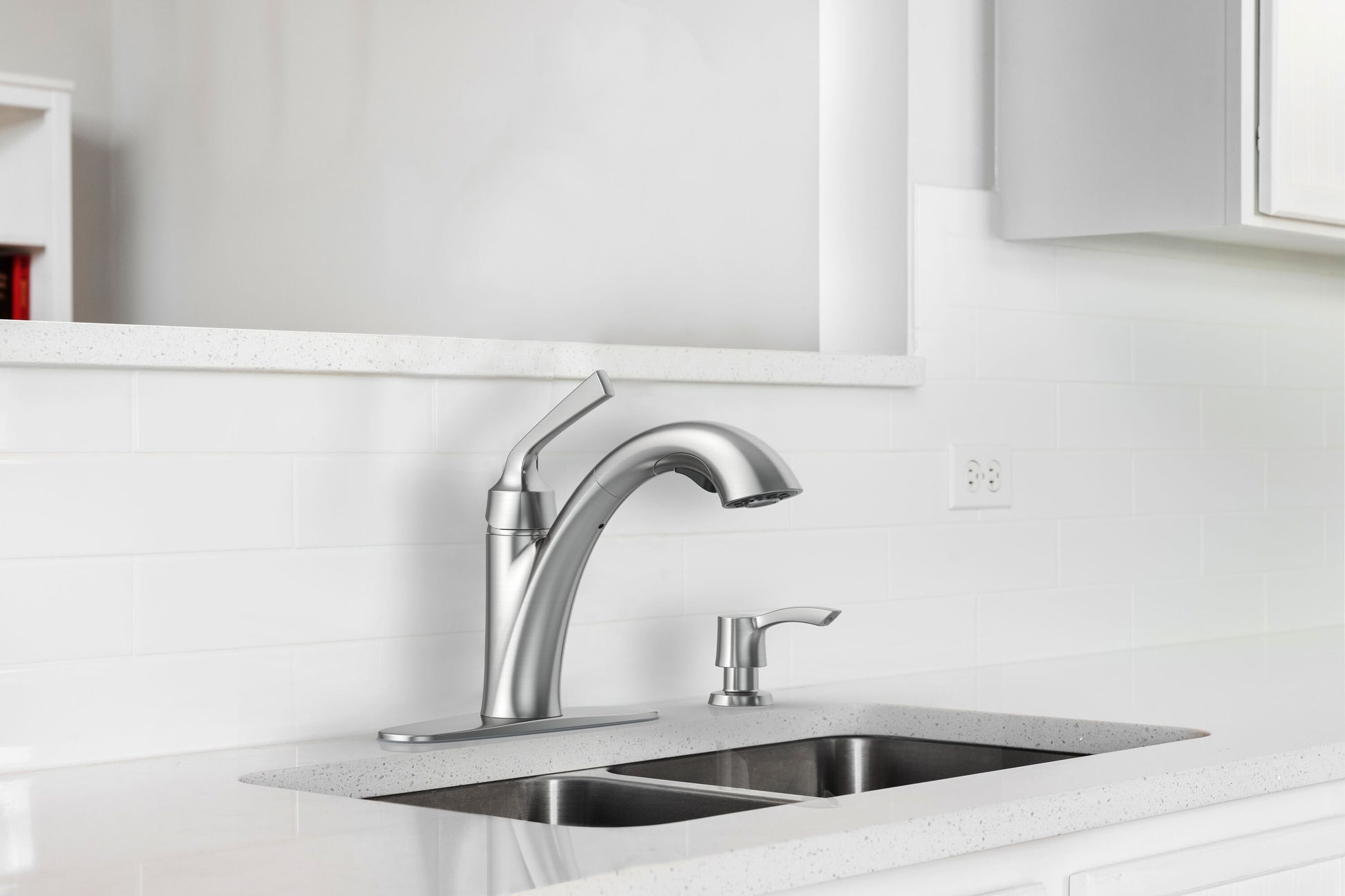 Alpine Reserve Mullen Spot Free Stainless Steel Single Handle Deck-mount Pull-out Kitchen Faucet with Sprayer (Includes Deck Plate) (Includes Soap Dispenser), 67222W-123402, MSRP: $99.00, FINAL PRICE: $59.99