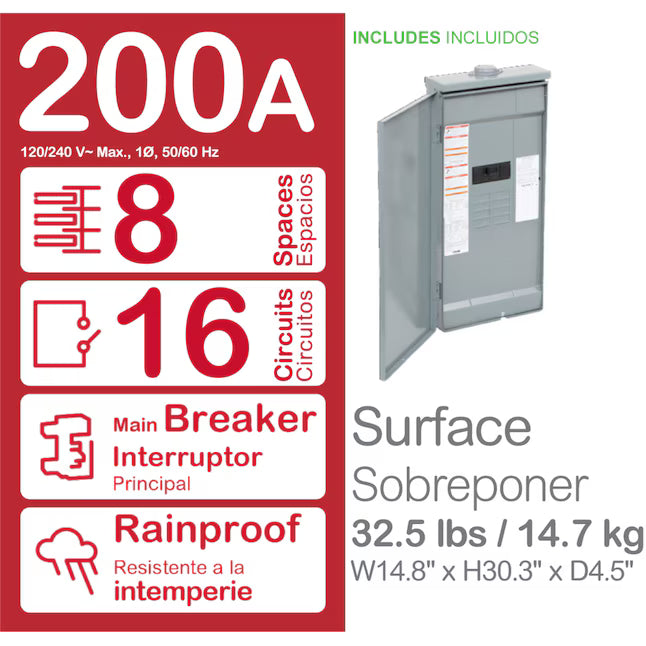 Square D Homeline 200 -Amp 8 -Spaces 16 -Circuit Outdoor Main Breaker Plug-On Neutral Load Center