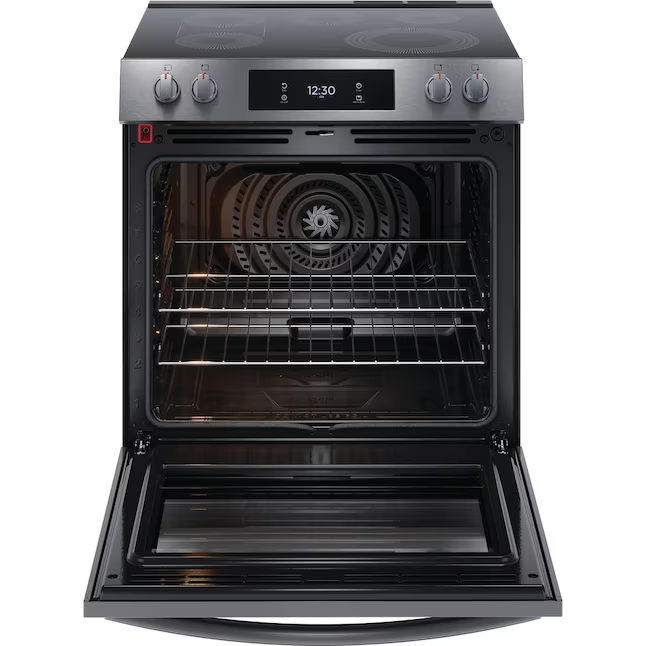 Frigidaire Gallery 30-in Glass Top 5 burners 6.2-cu ft Air Fry Convection Oven Slide-In Electric Range (Smudge-Proof Black Stainless Steel), GCFE3060BD *HD2505, Retail: $2,099.00, FINAL PRICE: $999.99 + TAX