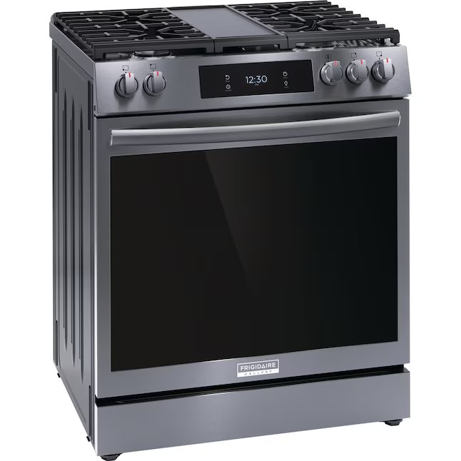Frigidaire Gallery 30-in 5 burners 6-cu ft Air Fry Convection Oven Slide-In Gas Range (Smudge-Proof Black Stainless Steel), GCFG3060BDC *JR2510, Retail: $2,199.00, FINAL PRICE: $999.99 + TAX