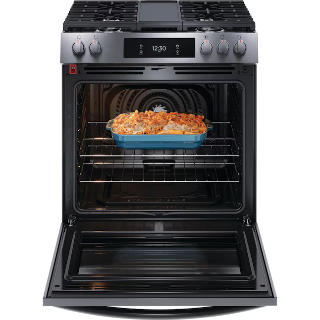 Frigidaire Gallery 30-in 5 burners 6-cu ft Air Fry Convection Oven Slide-In Gas Range (Smudge-Proof Black Stainless Steel), GCFG3060BDC *JR2510, Retail: $2,199.00, FINAL PRICE: $999.99 + TAX