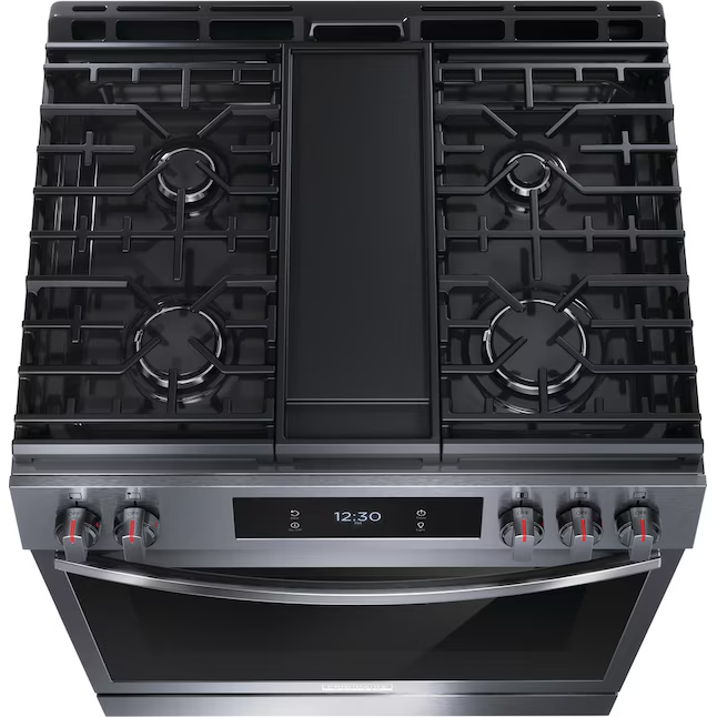 Frigidaire Gallery 30-in 5 burners 6-cu ft Air Fry Convection Oven Slide-In Gas Range (Smudge-Proof Black Stainless Steel), GCFG3060BDC *JR2510, Retail: $2,199.00, FINAL PRICE: $999.99 + TAX