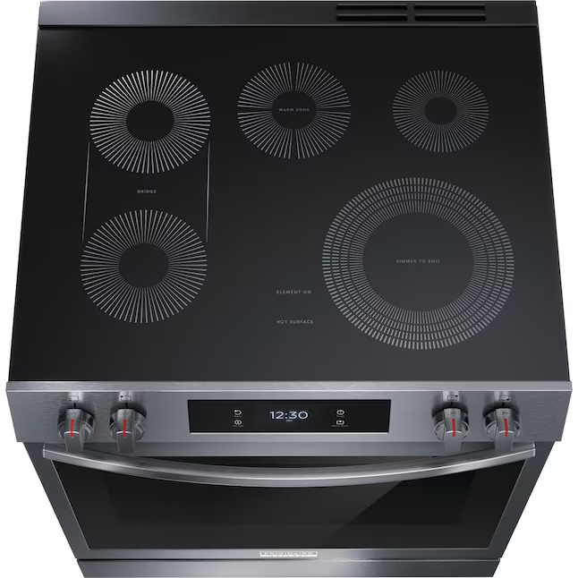 Frigidaire Gallery 30-in Glass Top 5 burners 6.2-cu ft Air Fry Convection Oven Slide-In Electric Range (Smudge-Proof Black Stainless Steel), GCFE3060BD *HD2505, Retail: $2,099.00, FINAL PRICE: $999.99 + TAX