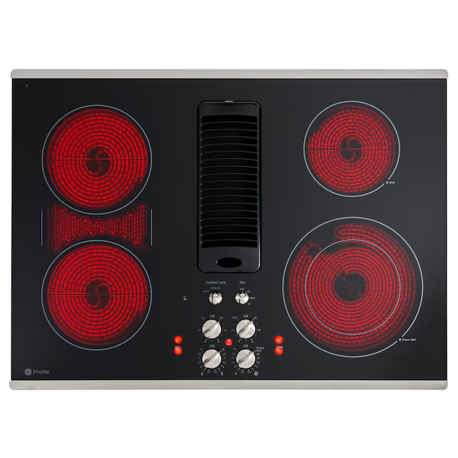 GE Profile 30-in 4 Burners Smooth Surface (Radiant) Stainless Steel Electric Cooktop with Downdraft Exhaust, PP9830SRSS