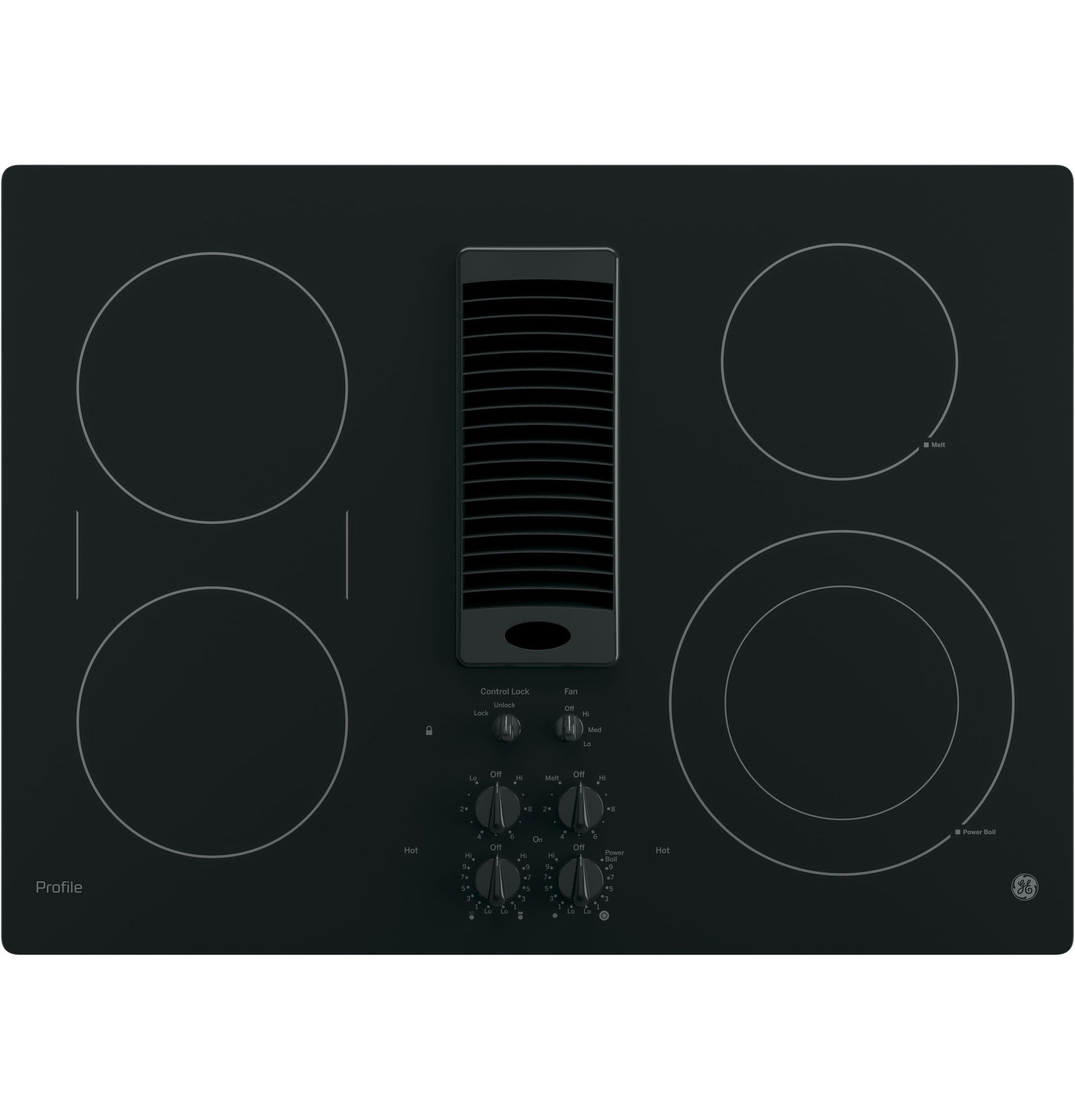 GE Profile 30-in 4 burners Smooth surface Black Electric Cooktop with Downdraft Exhaust with Bridge Element