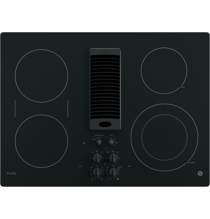 GE Profile 30-in 4 burners Smooth surface Black Electric Cooktop with Downdraft Exhaust with Bridge Element