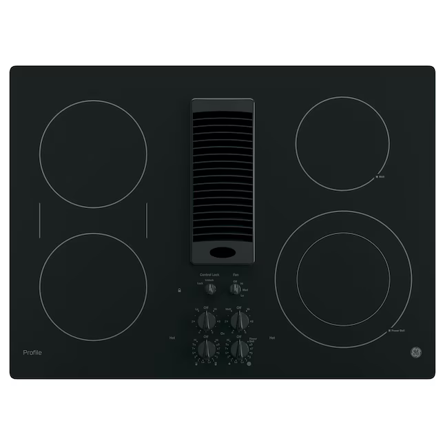 GE Profile 30-in 4 burners Smooth Surface (Radiant) Black Electric Cooktop with Downdraft Exhaust with Bridge Element, PP9830DRBB *HD2505, Retail: $2,699.00, FINAL PRICE: $ + TAX