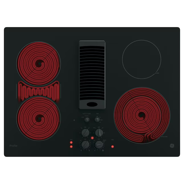 GE Profile 30-in 4 burners Smooth Surface (Radiant) Black Electric Cooktop with Downdraft Exhaust with Bridge Element, PP9830DRBB *JR2508, Retail: $2,699.00, FINAL PRICE: $1,499.99 + TAX