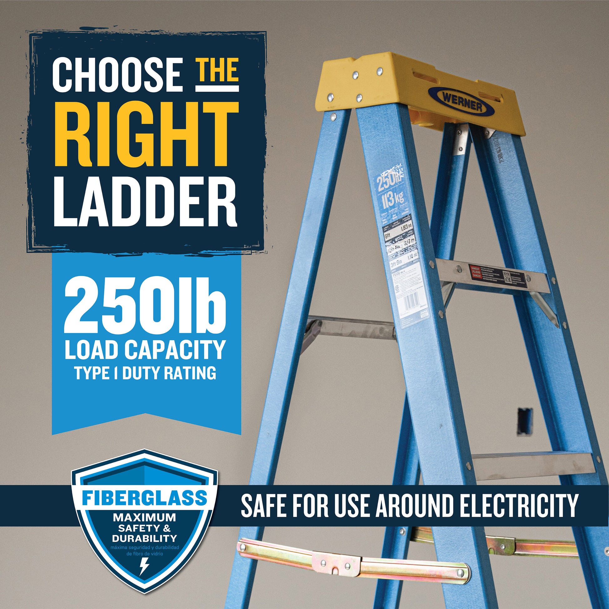 Werner FS100 4-ft ( 8-ft Reach Height ) Fiberglass Type 1 - 250 lbs. Load Capacity Step ladder