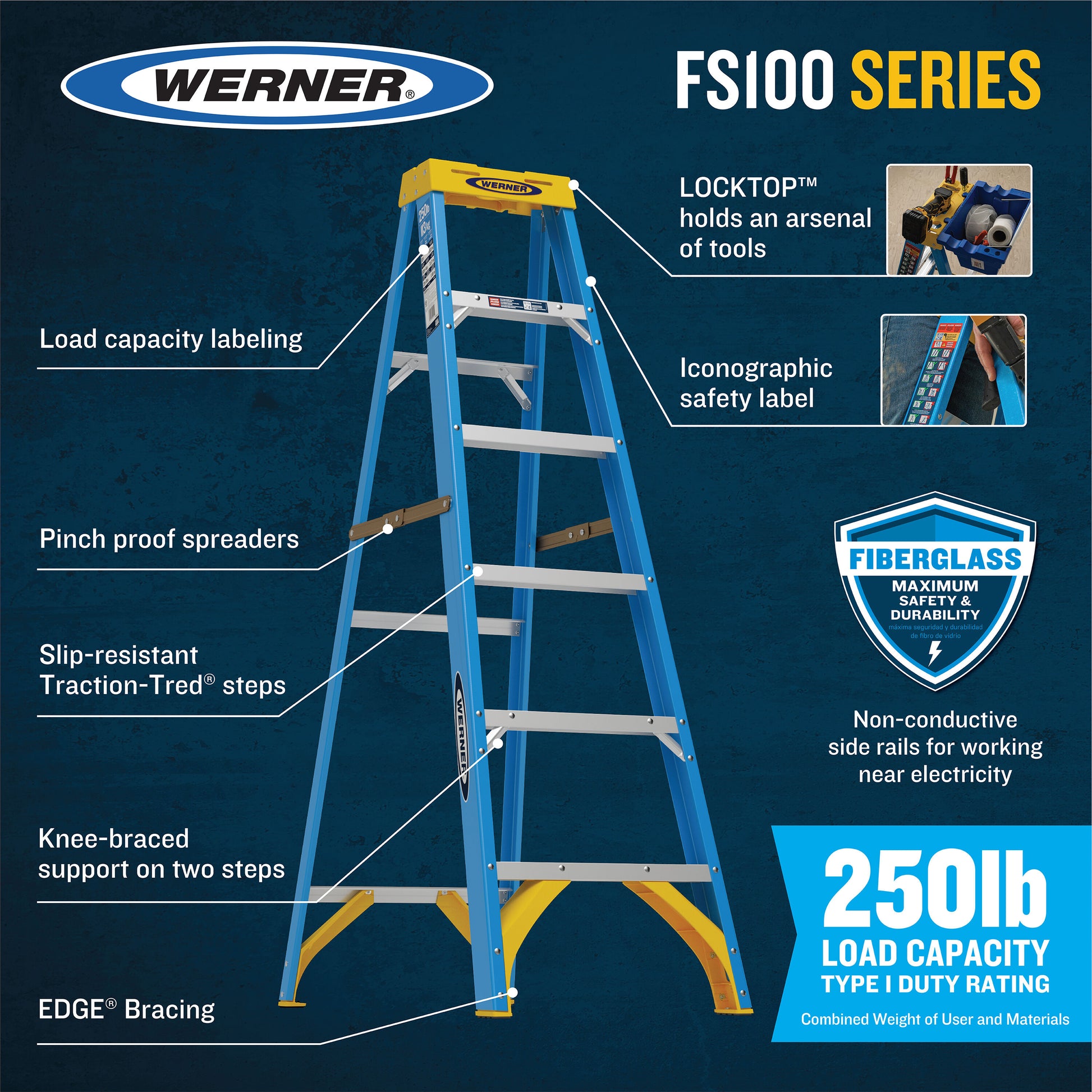 Werner FS100 6-ft ( 10-ft Reach Height ) Fiberglass Type 1 - 250 lbs. Load Capacity Step ladder, FS106