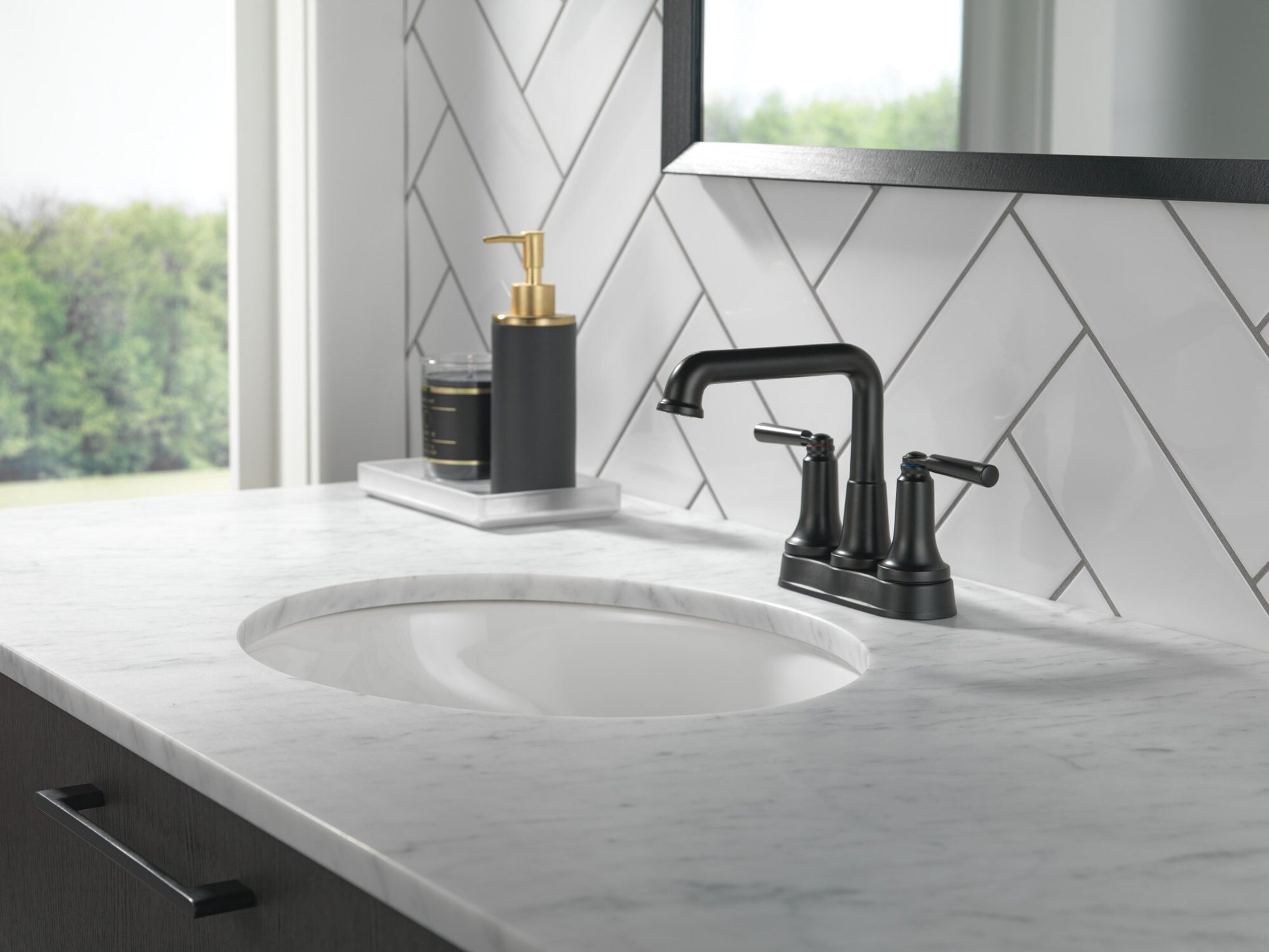Delta Saylor Two Handle Tract-Pack Centerset Bathroom Faucet in Matte Black, 2536-BLTP-DST, MRSP: $285.6, FINAL PRICE: $ + TAX