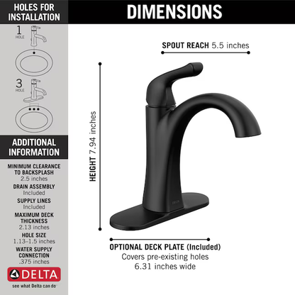 Delta Arvo Matte Black Single Hole 1-Handle WaterSense Bathroom Sink Faucet with Drain and Deck Plate, 15840LF-BL *HD2406, Retail: $248.95, FINAL PRICE: $84.99 + TAX