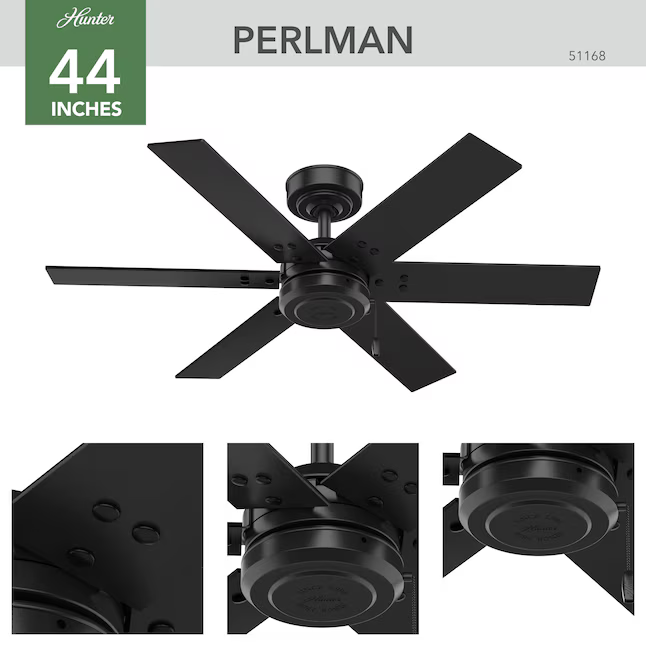 Hunter Perlman 44-in Outdoor Matte Black with Matte Black/Grey Walnut Stripe Blades Ceiling Fan Without Light (6-Blade), 51168 *HD2507, Retail: $104.98, FINAL PRICE: $59.99 + TAX