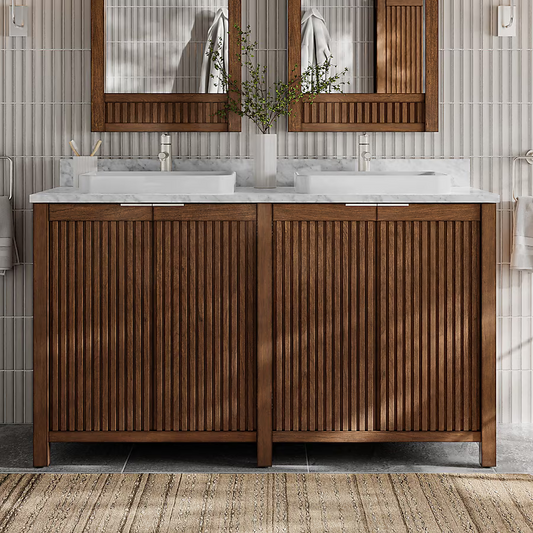 Frank Lloyd Wright USONIA 60-in Cherry Semi-recessed Double Sink Bathroom Vanity with Carrara Natural Marble Top, 1601VA-60-295-900-SR, FINAL PRICE: $1299.99 + Tax