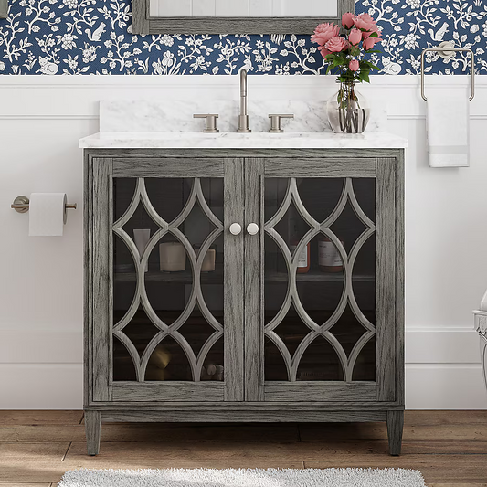 Kathy Ireland Home Southport 36-in Cashmere Oak Undermount Single Sink Bathroom Vanity with Natural Carrara Marble Top, 1591VA-36-247-900-UM, FINAL PRICE: $569.99 + Tax