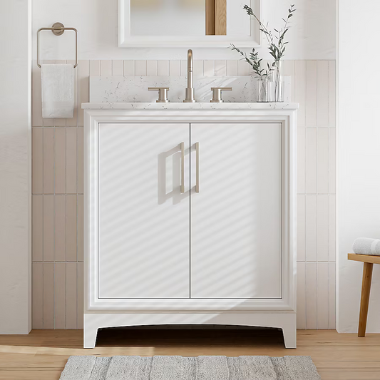 **ASSEMBLY REQUIRED** Ellen DeGeneres Norbeck 31-in White Undermount Single Sink Bathroom Vanity with Carrara Engineered Marble Top, 2342VA-31-201-925-UM, FINAL PRICE: $349.99 + Tax