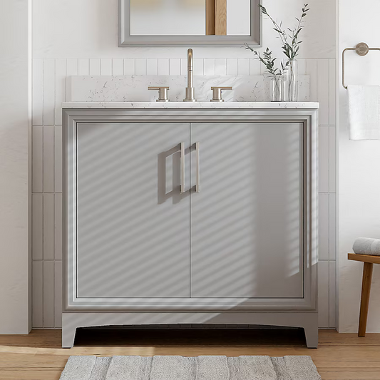 **ASSEMBLY REQUIRED** Ellen DeGeneres Norbeck 37-in Light Gray Undermount Single Sink Bathroom Vanity with Carrara Engineered Marble Top, 2342VA-37-242-925-UM, FINAL PRICE: $529.99 + Tax