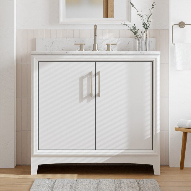 **ASSEMBLY REQUIRED** Ellen DeGeneres Norbeck 37-in White Undermount Single Sink Bathroom Vanity with Carrara Engineered Marble Top, 2342VA-37-201-925-UM, [FB278], FINAL, CLEARANCE: $399.99 + Tax