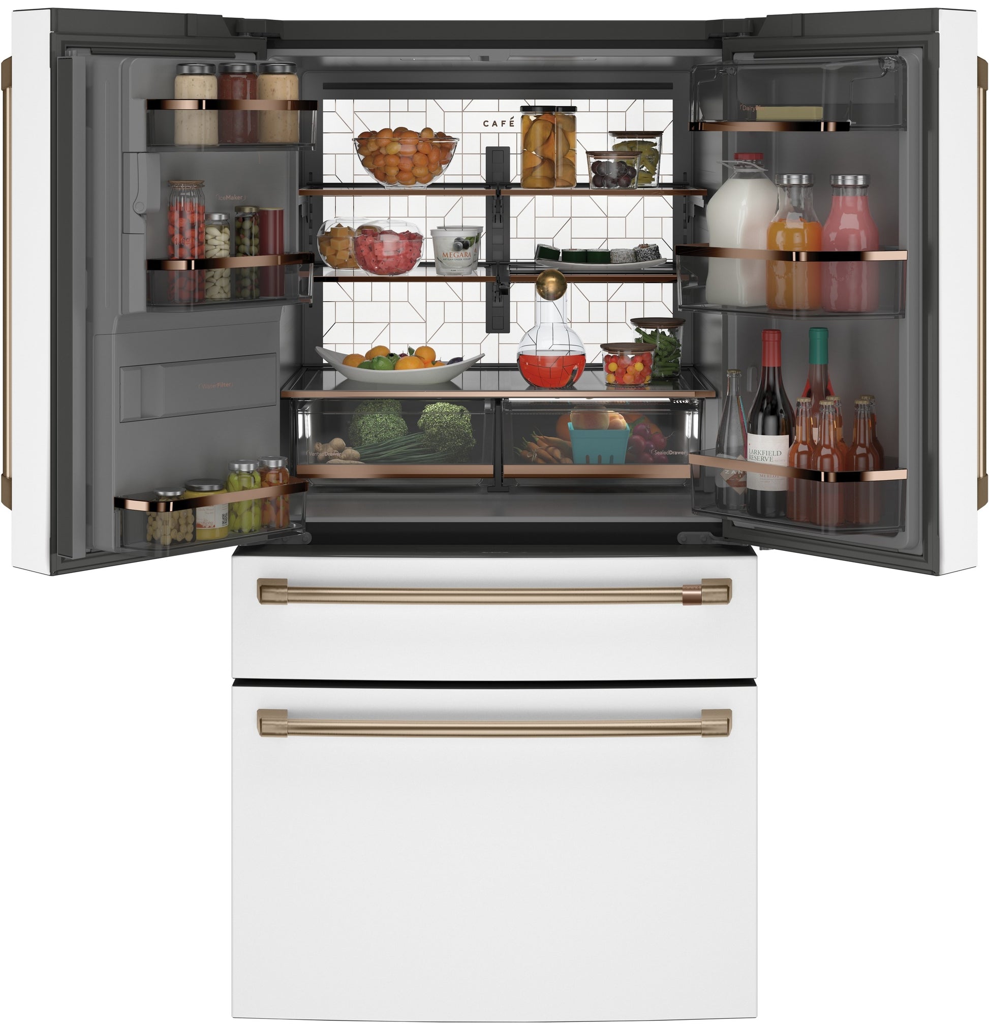 Ge Cafe Standard-Depth 27.8-cu ft 36-in Wide French Door Refrigerator with Ice Maker ( Matte White with Brushed Bronze Handles