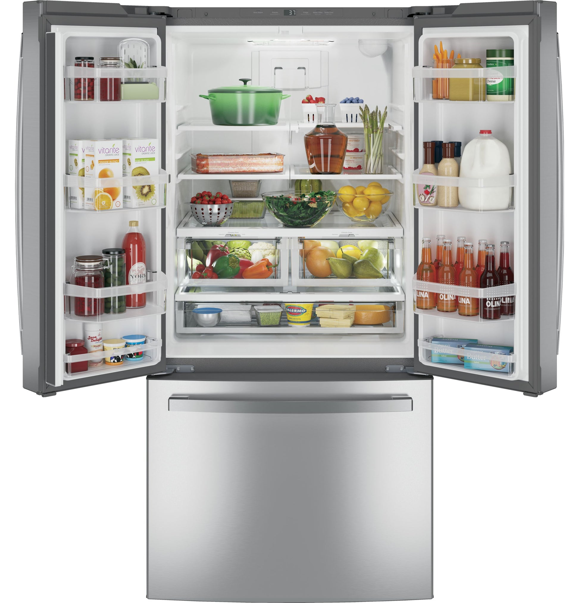 GE Standard-Depth 24.8-cu ft 3 -Door 33-in Wide French Door Refrigerator with Ice Maker with Water Dispenser ( Fingerprint-resistant Stainless Steel ) ENERGY STAR Certified