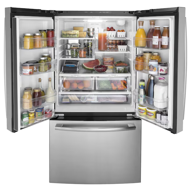 GE Standard-Depth 27-cu ft  3-Door 36-in French Door Refrigerator with Ice Maker with Water Dispenser (Fingerprint-resistant Stainless Steel), GNE27JYMFS *JR2512, Retail: $2,599.00, FINAL PRICE: $1,199.99 + TAX