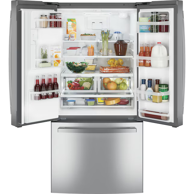 GE Standard-Depth 23.7-cu ft 3-Door French Door Refrigerator with Ice Maker with Water and Ice Dispenser (Fingerprint-resistant Stainless Steel), GFE24JYKFS *JR2509, Retail: $2,999.00, FINAL PRICE: $1,599.99 + TAX