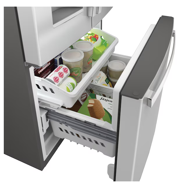 GE Standard-Depth 23.7-cu ft 3-Door French Door Refrigerator with Ice Maker with Water and Ice Dispenser (Fingerprint-resistant Stainless Steel), GFE24JYKFS *JR2509, Retail: $2,999.00, FINAL PRICE: $1,599.99 + TAX