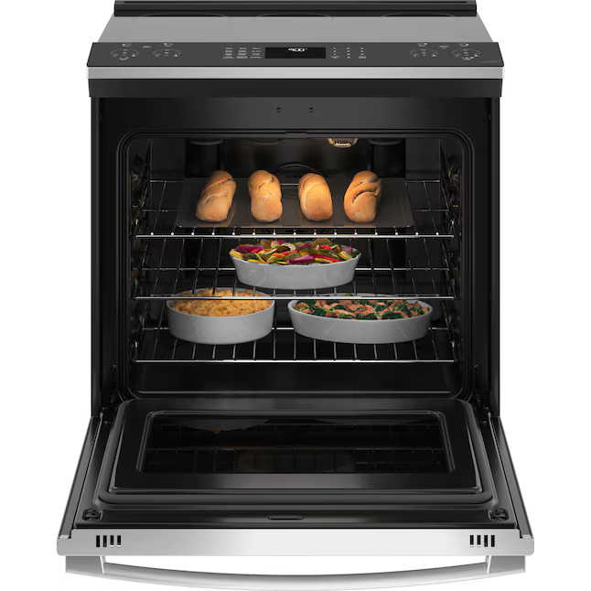 GE Profile 30-in Glass Top 5 burners 5.3-cu ft Air Fry Convection Oven Slide-In Electric Range (Fingerprint Resistant Stainless Steel), PSS93YPFS *HD2509, Retail: $2,499.00, FINAL PRICE: $1,099.99 + TAX