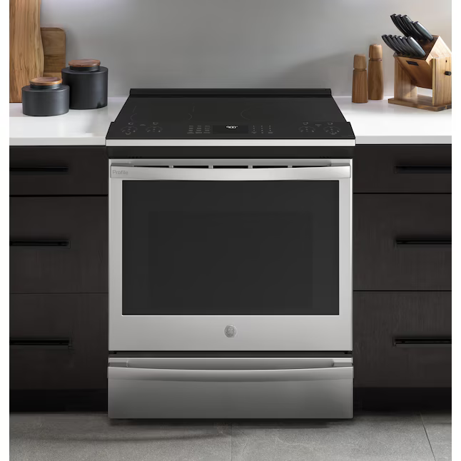 GE Profile 30-in Glass Top 5 burners 5.3-cu ft Air Fry Convection Oven Slide-In Electric Range (Fingerprint Resistant Stainless Steel), PSS93YPFS *HD2509, Retail: $2,499.00, FINAL PRICE: $1,099.99 + TAX