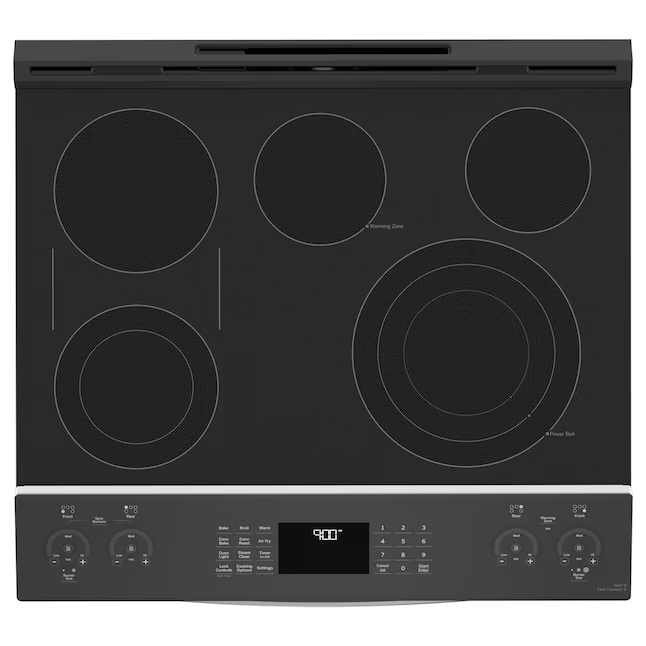 GE Profile 30-in Glass Top 5 burners 5.3-cu ft Air Fry Convection Oven Slide-In Electric Range (Fingerprint Resistant Stainless Steel), PSS93YPFS *HD2509, Retail: $2,499.00, FINAL PRICE: $1,099.99 + TAX