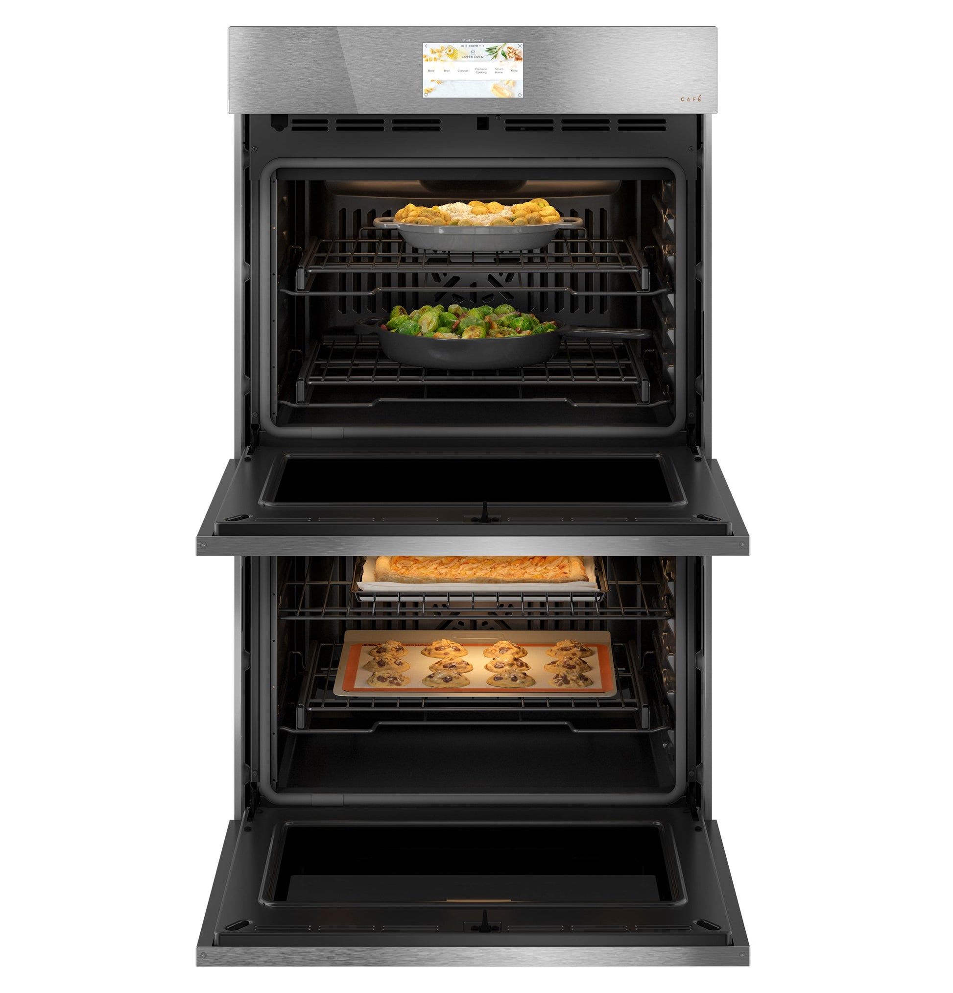 GE Cafe Modern Glass 30 inch Double Electric Wall Oven with Air Fry Self + Steam Cleaning ( Platinum Glass )