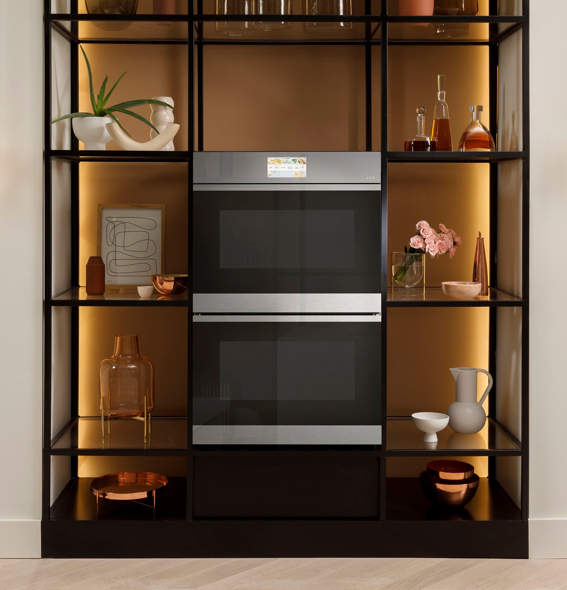 GE Cafe Modern Glass 30 inch Double Electric Wall Oven with Air Fry Self + Steam Cleaning ( Platinum Glass )