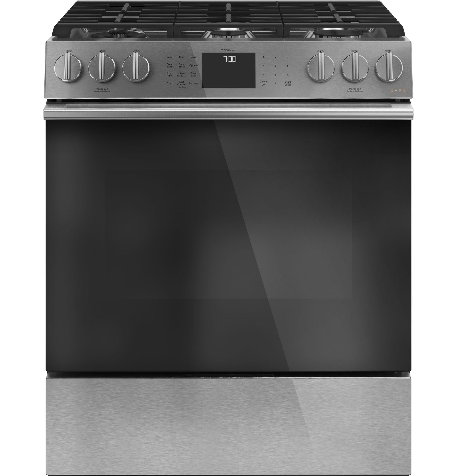 Cafe Modern Glass 30-in 6 burners 5.6-cu ft Air Fry Convection Oven Slide-In Natural Gas Range ( Platinum
