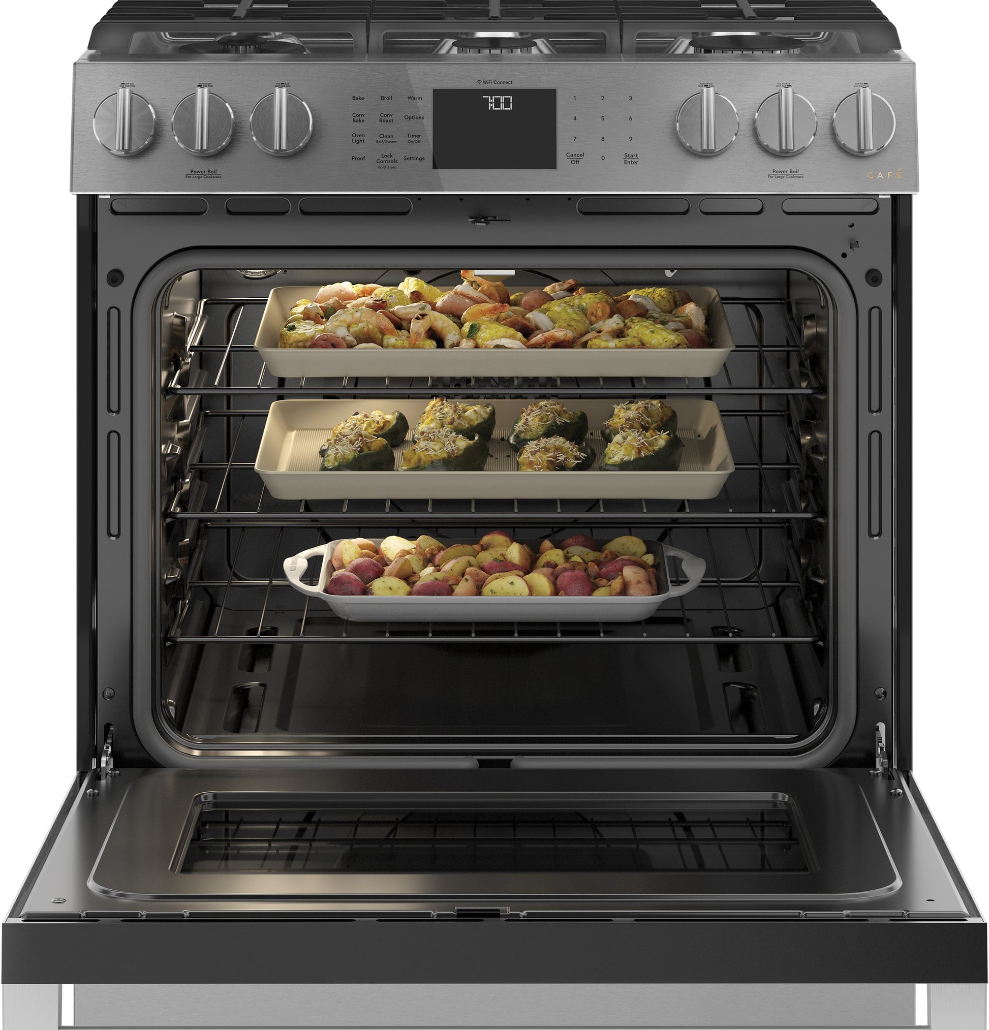 Cafe Modern Glass 30-in 6 burners 5.6-cu ft Air Fry Convection Oven Slide-In Natural Gas Range ( Platinum