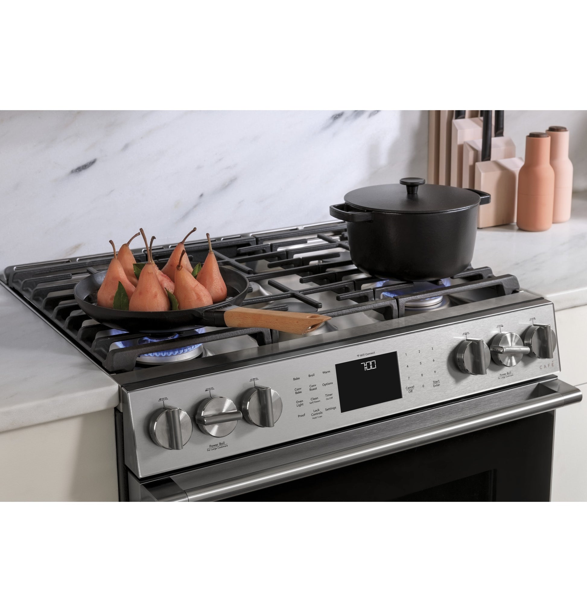 Cafe Modern Glass 30-in 6 burners 5.6-cu ft Air Fry Convection Oven Slide-In Natural Gas Range ( Platinum