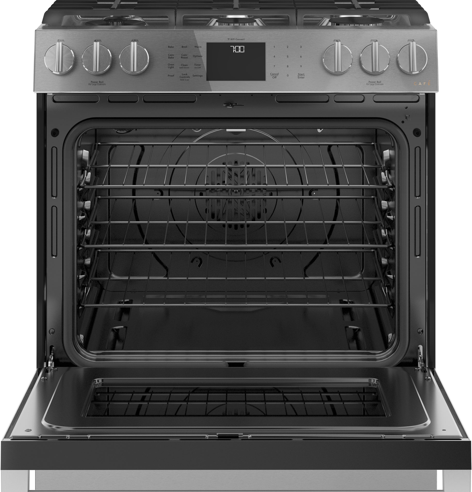 Cafe Modern Glass 30-in 6 burners 5.6-cu ft Air Fry Convection Oven Slide-In Natural Gas Range ( Platinum