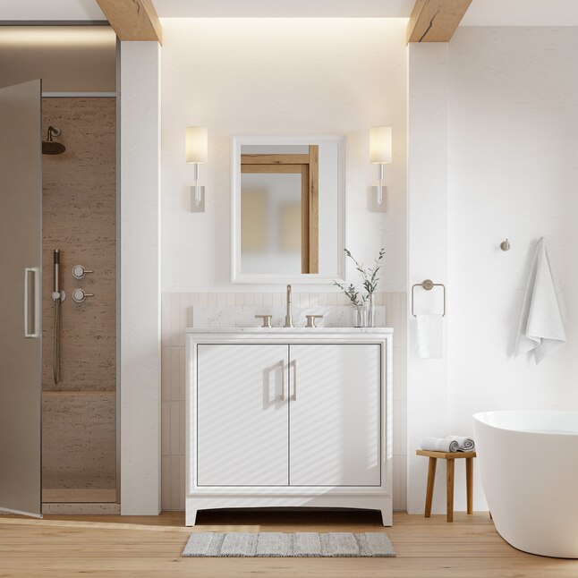 **ASSEMBLY REQUIRED** Ellen DeGeneres Norbeck 37-in White Undermount Single Sink Bathroom Vanity with Carrara Engineered Marble Top, 2342VA-37-201-925-UM, [FB278], FINAL, CLEARANCE: $399.99 + Tax