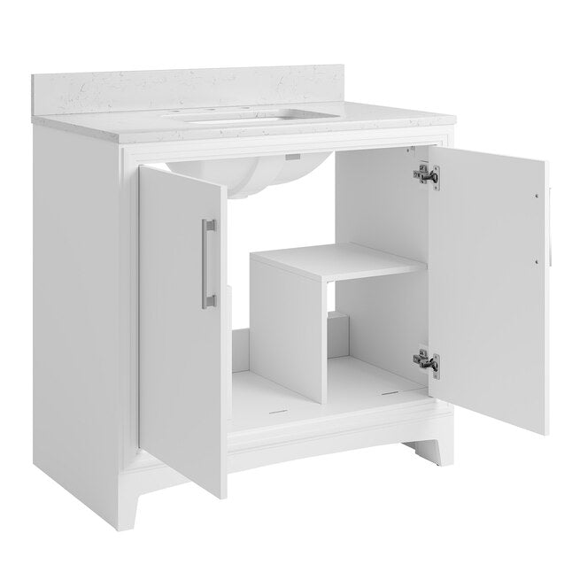**ASSEMBLY REQUIRED** Ellen DeGeneres Norbeck 37-in White Undermount Single Sink Bathroom Vanity with Carrara Engineered Marble Top, 2342VA-37-201-925-UM, [FB278], FINAL, CLEARANCE: $399.99 + Tax