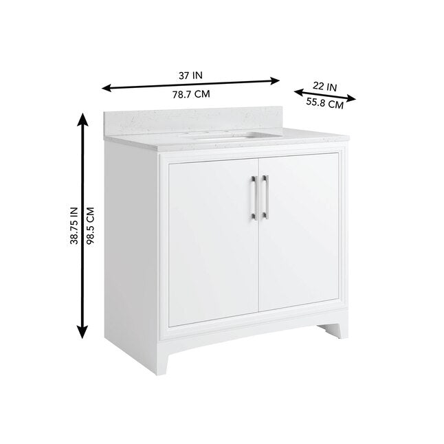 **ASSEMBLY REQUIRED** Ellen DeGeneres Norbeck 37-in White Undermount Single Sink Bathroom Vanity with Carrara Engineered Marble Top, 2342VA-37-201-925-UM, [FB278], FINAL, CLEARANCE: $399.99 + Tax