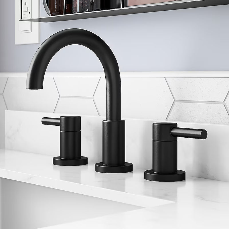 allen + roth Harlow Matte Black Widespread 2-handle WaterSense High-arc Residential Handle Bathroom Sink Faucet with Drain, 67693W-617001, #1102764, MSRP: $99.00, FINAL PRICE: $59.99 + TAX