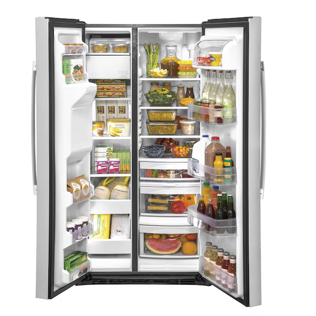 GE 25.1-cu ft Standard-Depth 36-in Side-by-Side Refrigerator with Ice Maker + Water and Ice Dispenser (Fingerprint Resistant Stainless Steel), GSS25IYNFS *JR2512, Retail: $2,199.00, FINAL PRICE: $999.99 + TAX