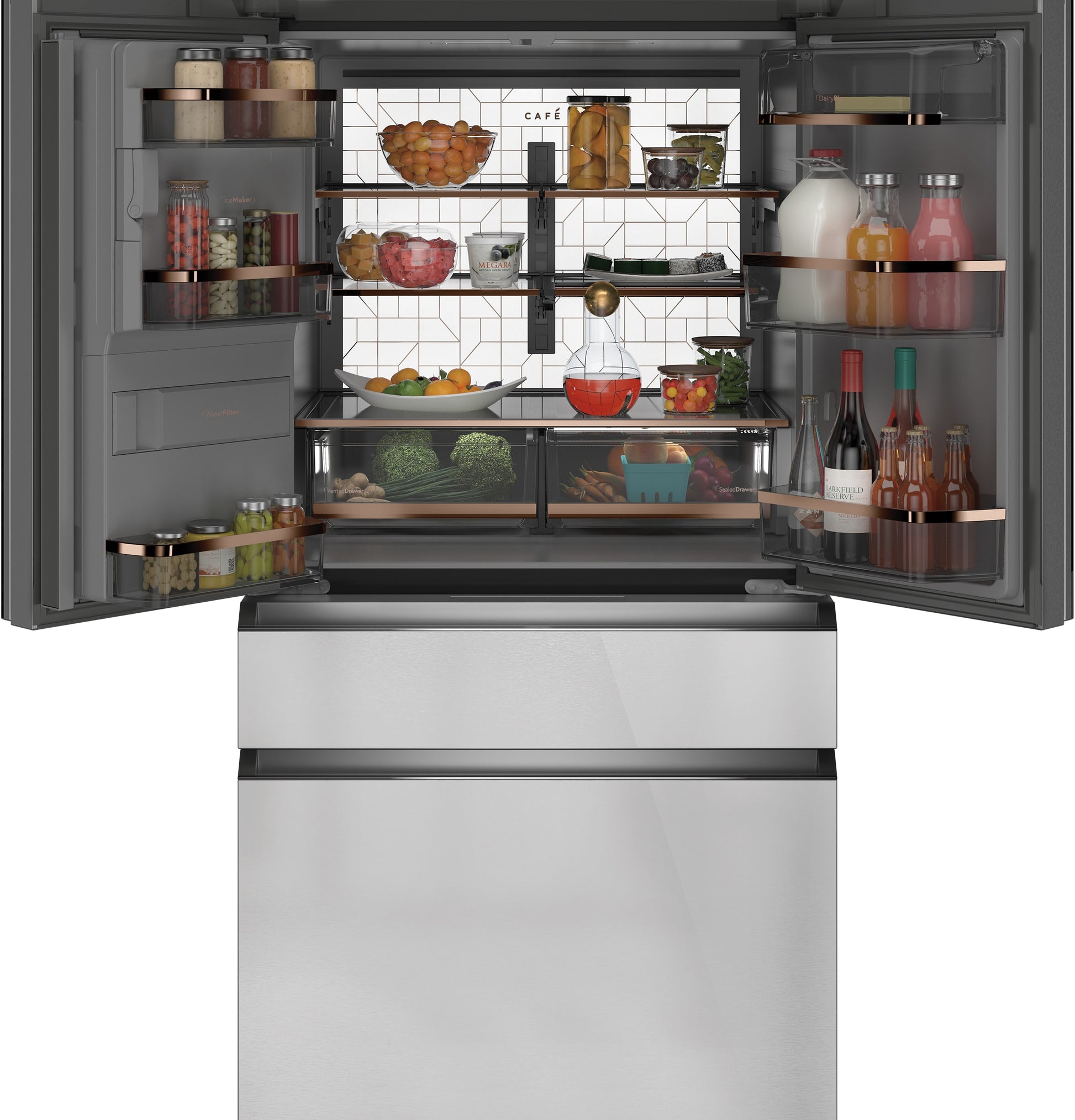 Cafe Counter-Depth 22.3-cu ft 36-in Wide French Door Refrigerator with Ice Maker ( Platinum Glass ) ENERGY STAR Certified