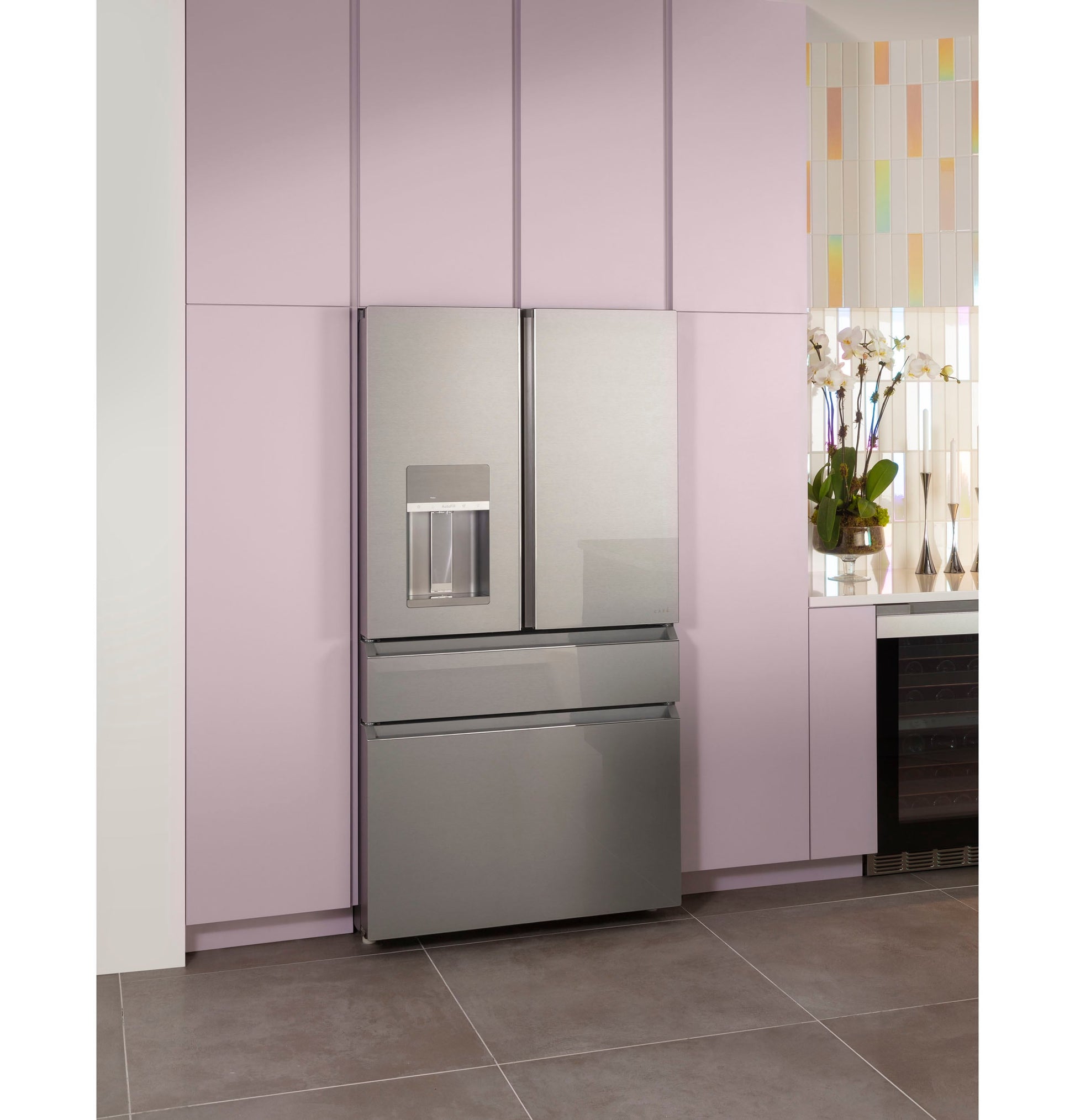 Cafe Counter-Depth 22.3-cu ft 36-in Wide French Door Refrigerator with Ice Maker ( Platinum Glass ) ENERGY STAR Certified