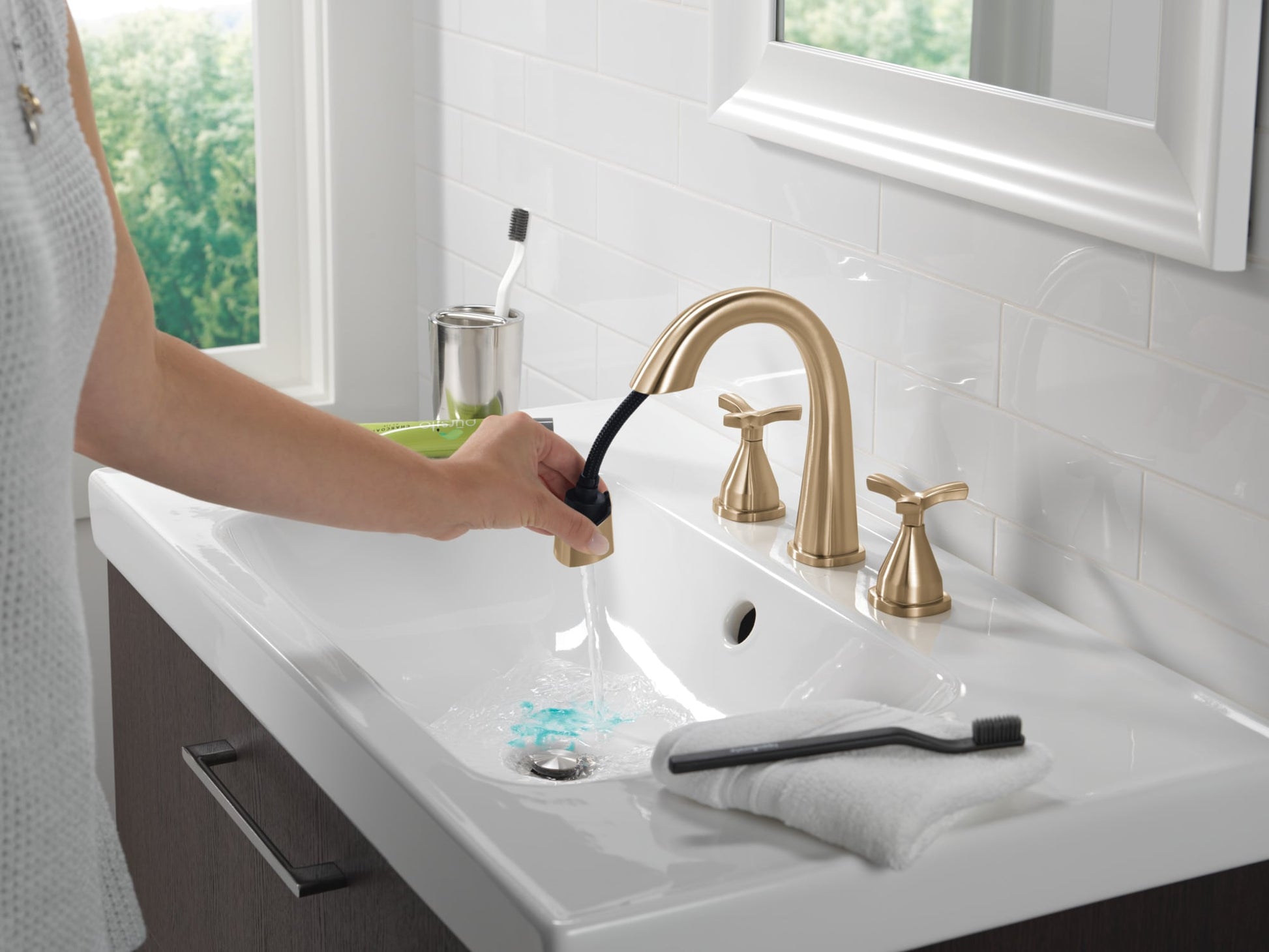 Delta Stryke Two Handle Widespread Pull Down Bathroom Faucet in Lumicoat Champagne Bronze, 357756-CZPD-PR-DST, MRSP: $819, FINAL PRICE: $ + TAX