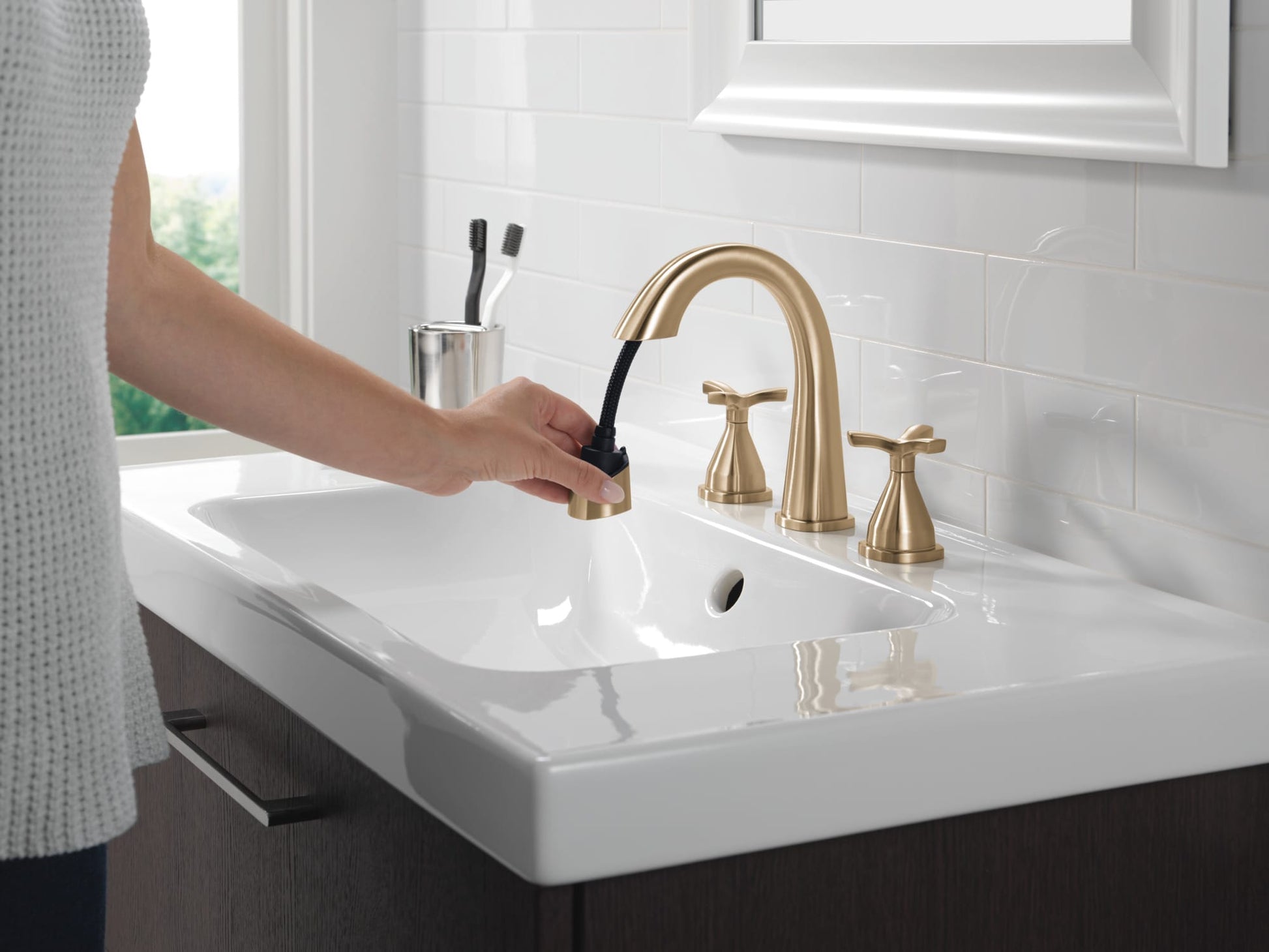 Delta Stryke Two Handle Widespread Pull Down Bathroom Faucet in Lumicoat Champagne Bronze, 357756-CZPD-PR-DST, MRSP: $819, FINAL PRICE: $ + TAX