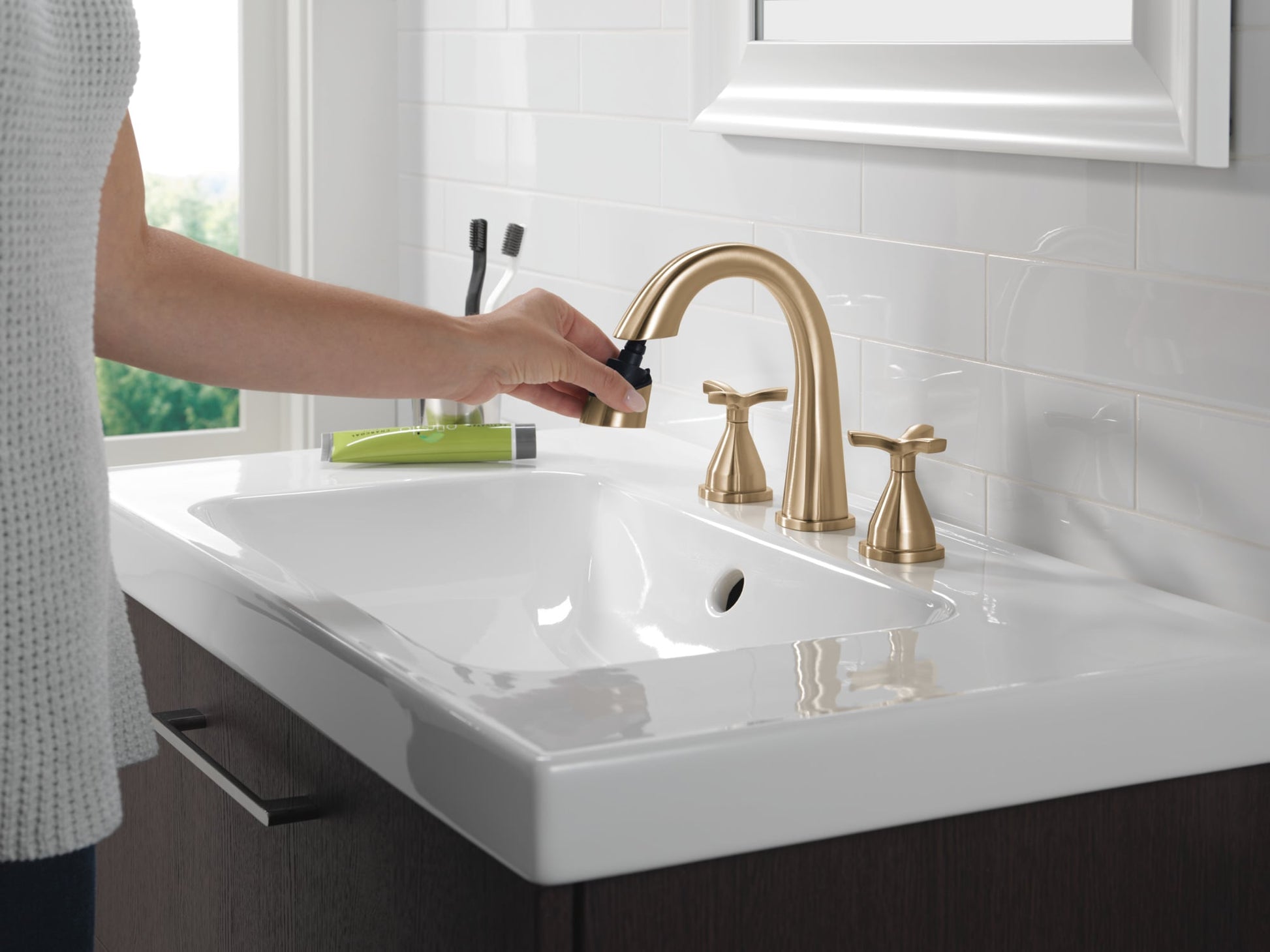 Delta Stryke Two Handle Widespread Pull Down Bathroom Faucet in Lumicoat Champagne Bronze, 357756-CZPD-PR-DST, MRSP: $819, FINAL PRICE: $ + TAX