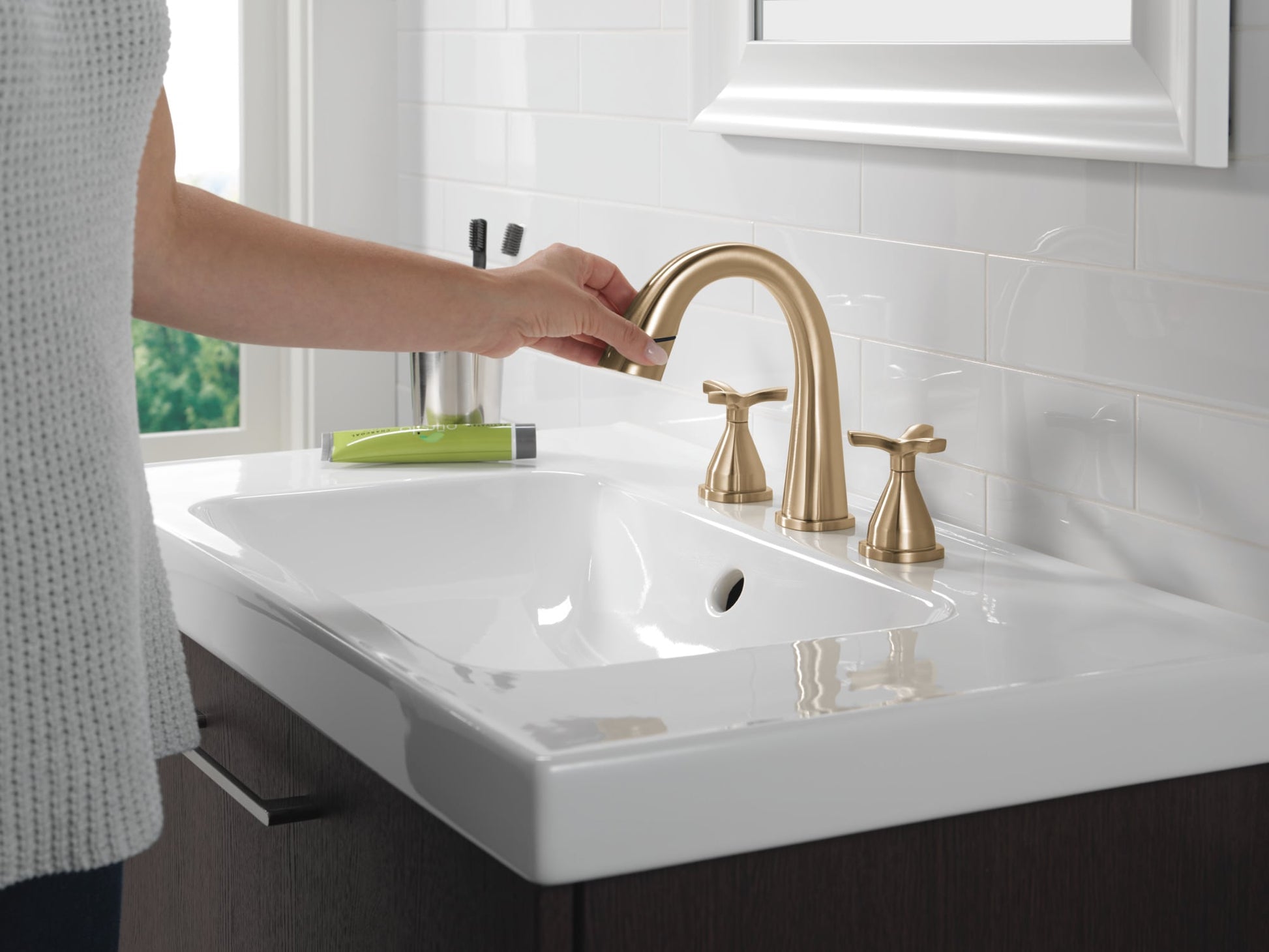 Delta Stryke Two Handle Widespread Pull Down Bathroom Faucet in Lumicoat Champagne Bronze, 357756-CZPD-PR-DST, MRSP: $819, FINAL PRICE: $ + TAX